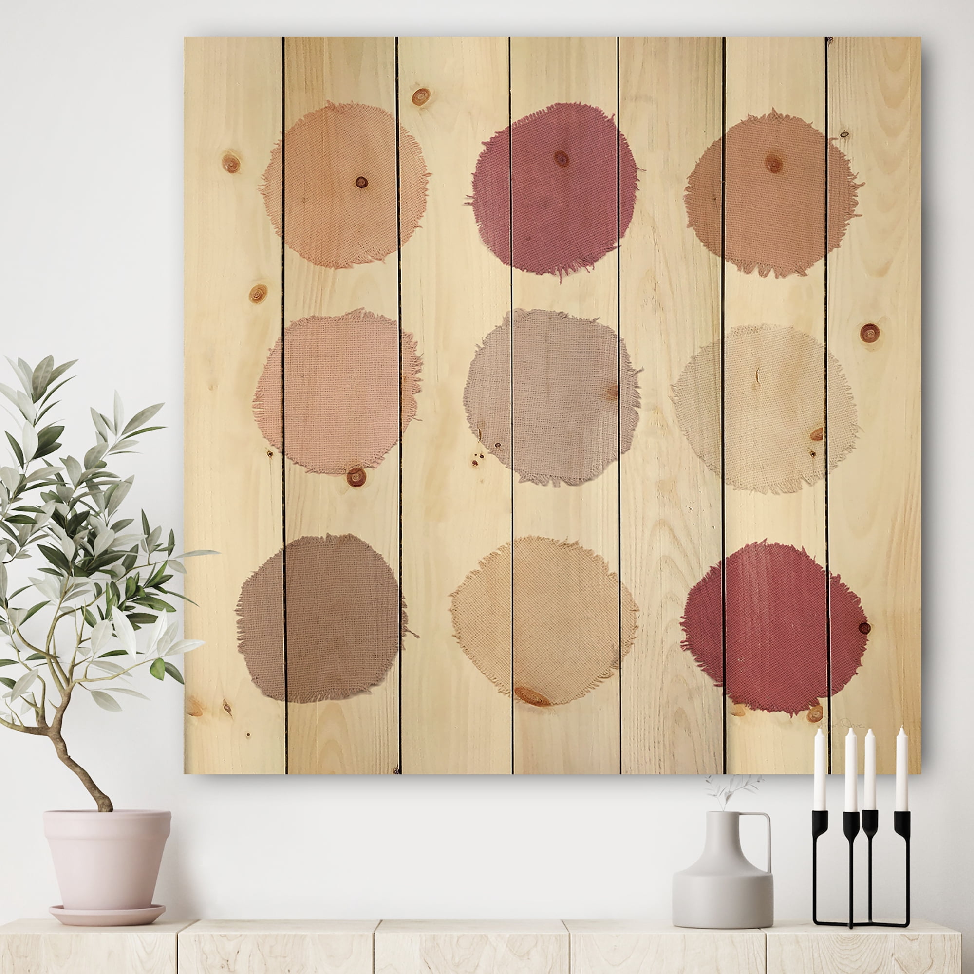 Designart 'Unique Beige Circle Designs' Modern Transitional Print on Natural Pine Wood
