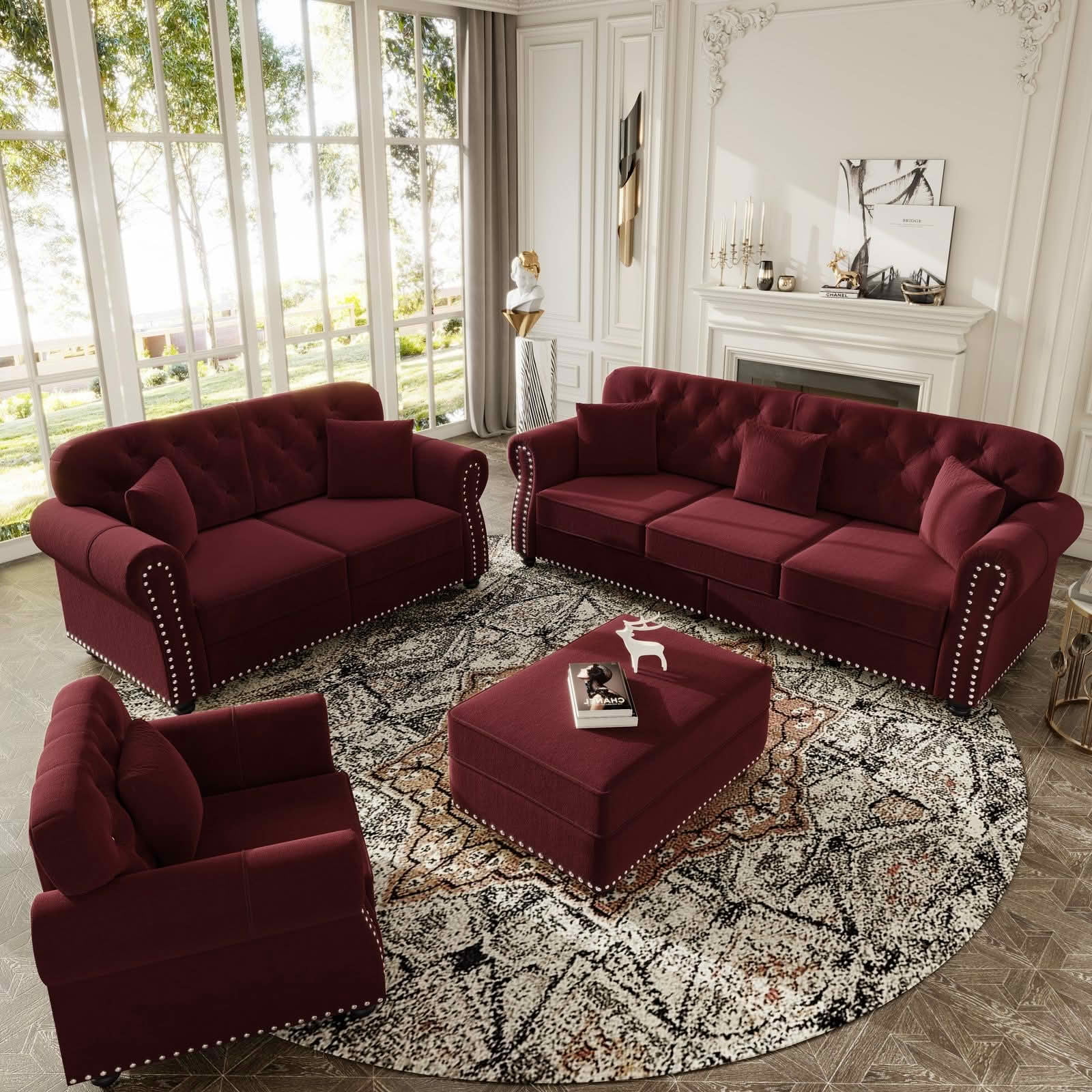MAYEERTY Velvet Chesterfield Modular Sofa Set, Mid‑Century Modern Couch with Button Tufting, Nailhead Trim & Rolled Armrests, Comes with 1 Ottoman for Home Living Room