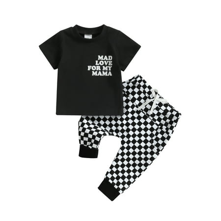 

Qtinghua Infant Baby Boy Summer Clothes Letter Print Short Sleeve T-Shirt Tops Elastic Waist Long Pants 2Pcs Set Black 12-18 Months