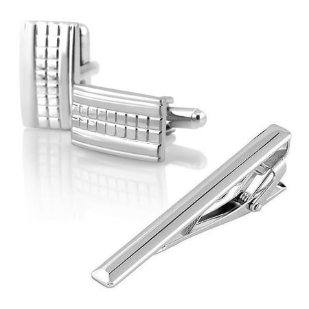 Zodaca Men Metal Necktie Tie Bar Clasp Clip+Cufflinks Silver Tone Simple Formal Dress