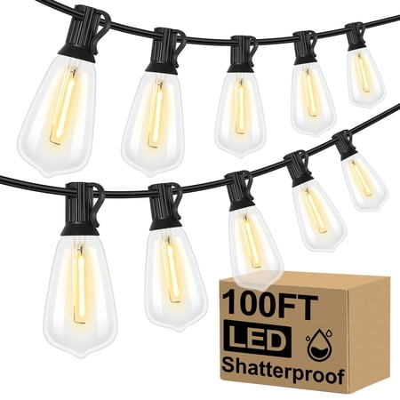 Led Outdoor String Lights 100ft Patio With 52 Shatterproof St38 Vintage Edison Bulbs Outside Hanging Light Waterproof For Porch Deck Garden Backyard Balcony 2700k Dimmable