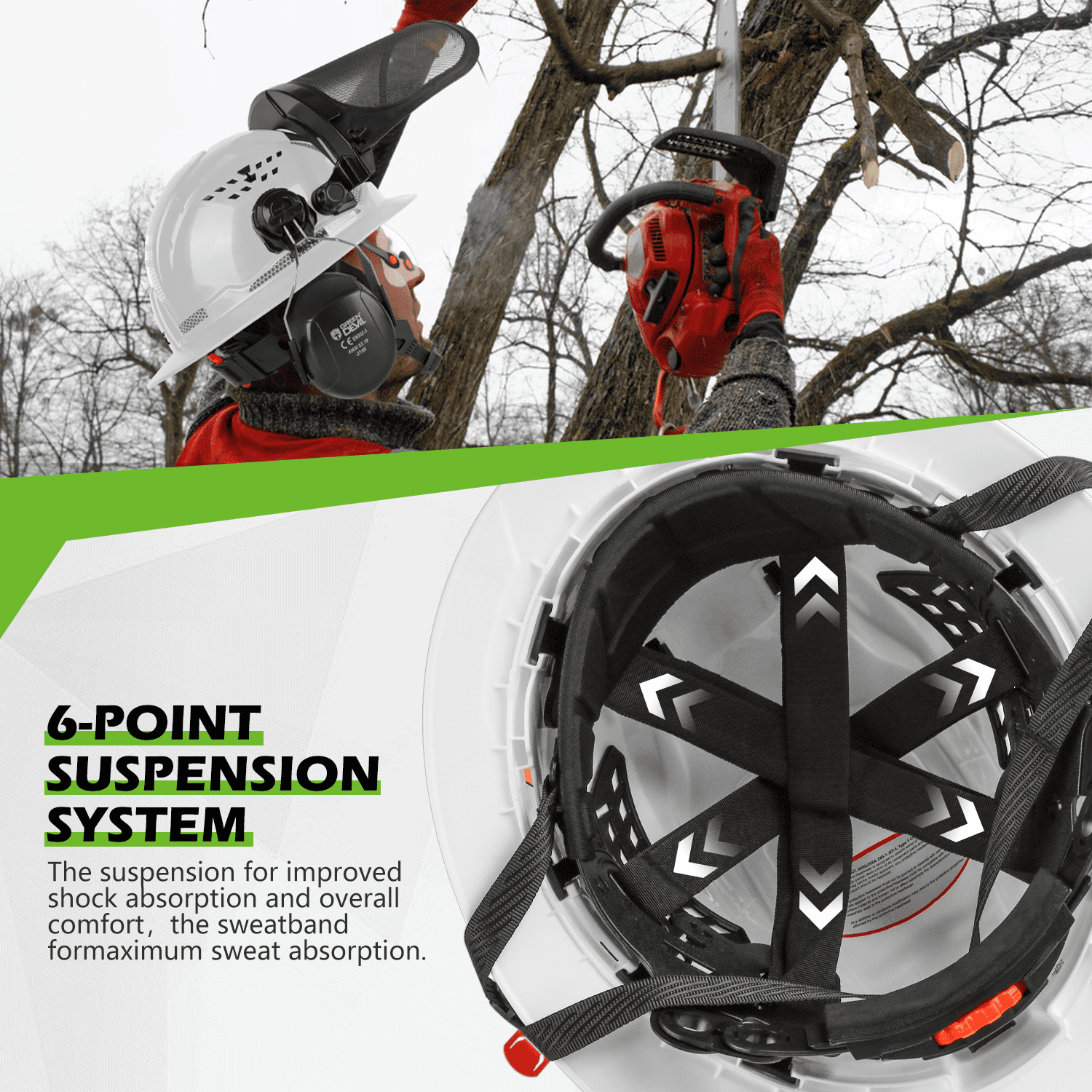 GREEN DEVIL Industrial Chainsaw Helmet with Face Shield Built in Visor and Ear Muffs 4 in 1 System ANSI Z89.1 Full Brim Safety Hard Hat Adjustable Headgear Ideal for Forestry and Arborist Work