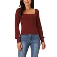 thumbnail image 1 of SUÉTER CROP DE MANGA LARGA Y CUELLO CUADRADO PARA MUJERES INSPIRADO EN CHIC, AJUSTE SLIM, TEJIDO RIBETEADO ELÁSTICO, COLOR ROJO VINO, 1 of 5