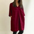 thumbnail image 4 of QUYUON Womens Cotton Linen Dresses Summer 3/4 Sleeve V-Neck Casual Blouse Tops Shirt Dresses Solid Color Linen Dress for Women Loose Fit T-Shirt Beach Sundress Style D-3832 Red XL, 4 of 9