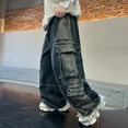 thumbnail image 2 of KAUOD Boys Wide Leg Cargo Jeans with 6 Pockets Strap Detail Retro Loose Stretchy Denim Pants Kids Y2k Hip Hop Streetwear, 2 of 9