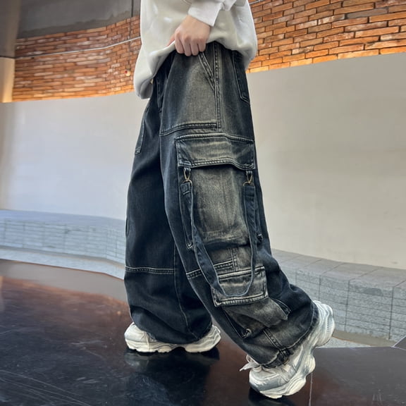 TIREOW Baggy Carpenter Jeans for Boys Girls, Wide Leg Cargo Pocket Denim Pants, High Elastic Waist Y2K Vintage Casual (Black, 7-8 Years)