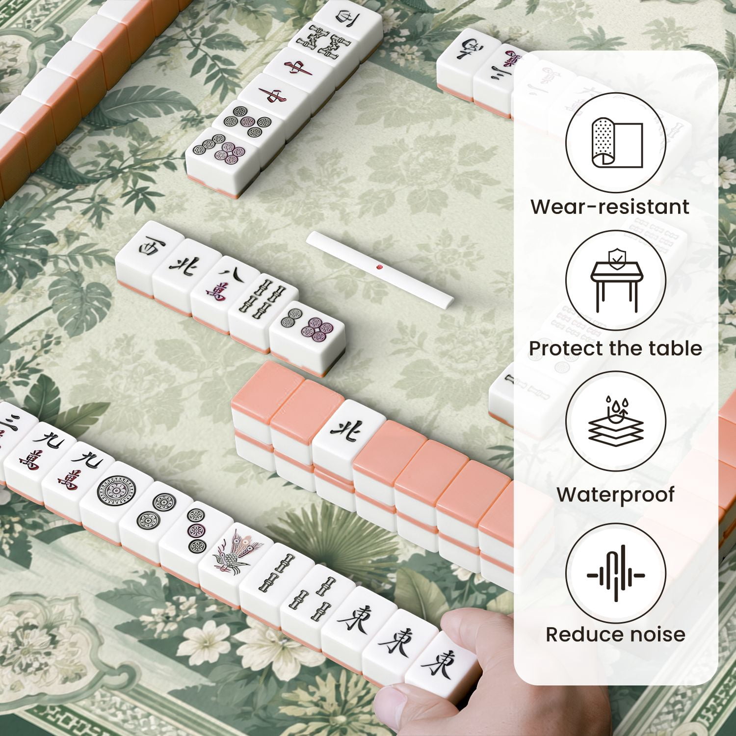 Mahjong Mat 31.5" x 31.5" Green Botanical Asian Pagodas Bridges Tropical Foliage Non-Slip Noise Reduction Mahjong Tiles Table Cover for Dominoes Poker Card Board and Tile Games