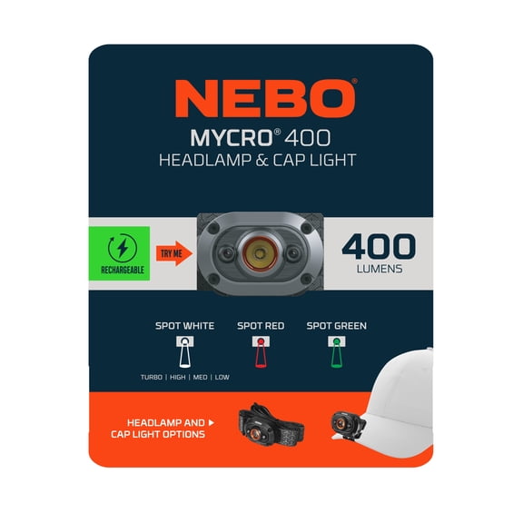 NEBO Mycro 400 Lumen LED Black Rechargeable Headlamp and Cap Light