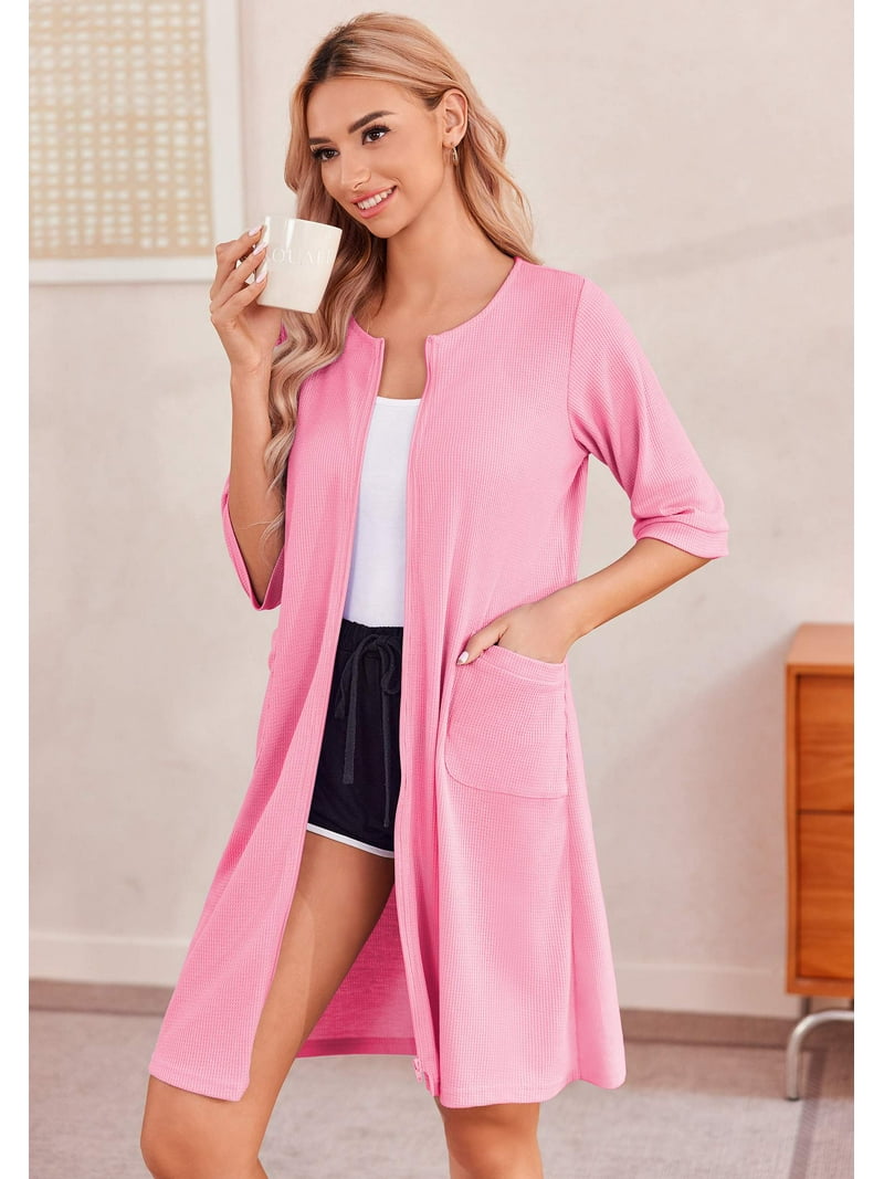Ekouaer Zip Up Robes for Women Short Waffle Bathrobe Lightweight