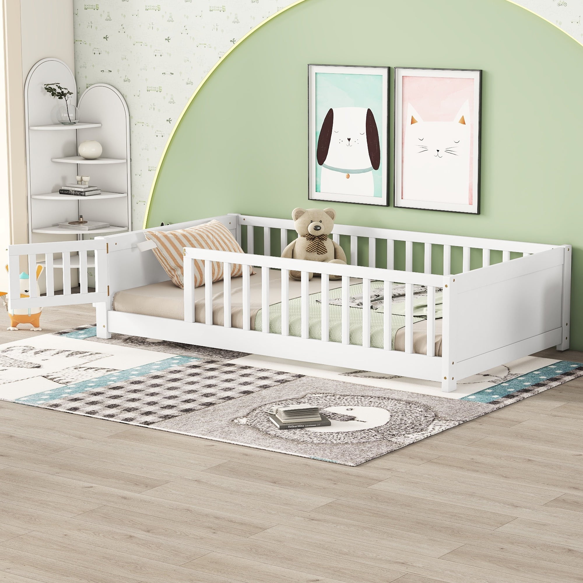 Alvantor Montessori Floor Bed Twin Size with Door and Fence for Kids, Toddler Wooden Platform Bed White