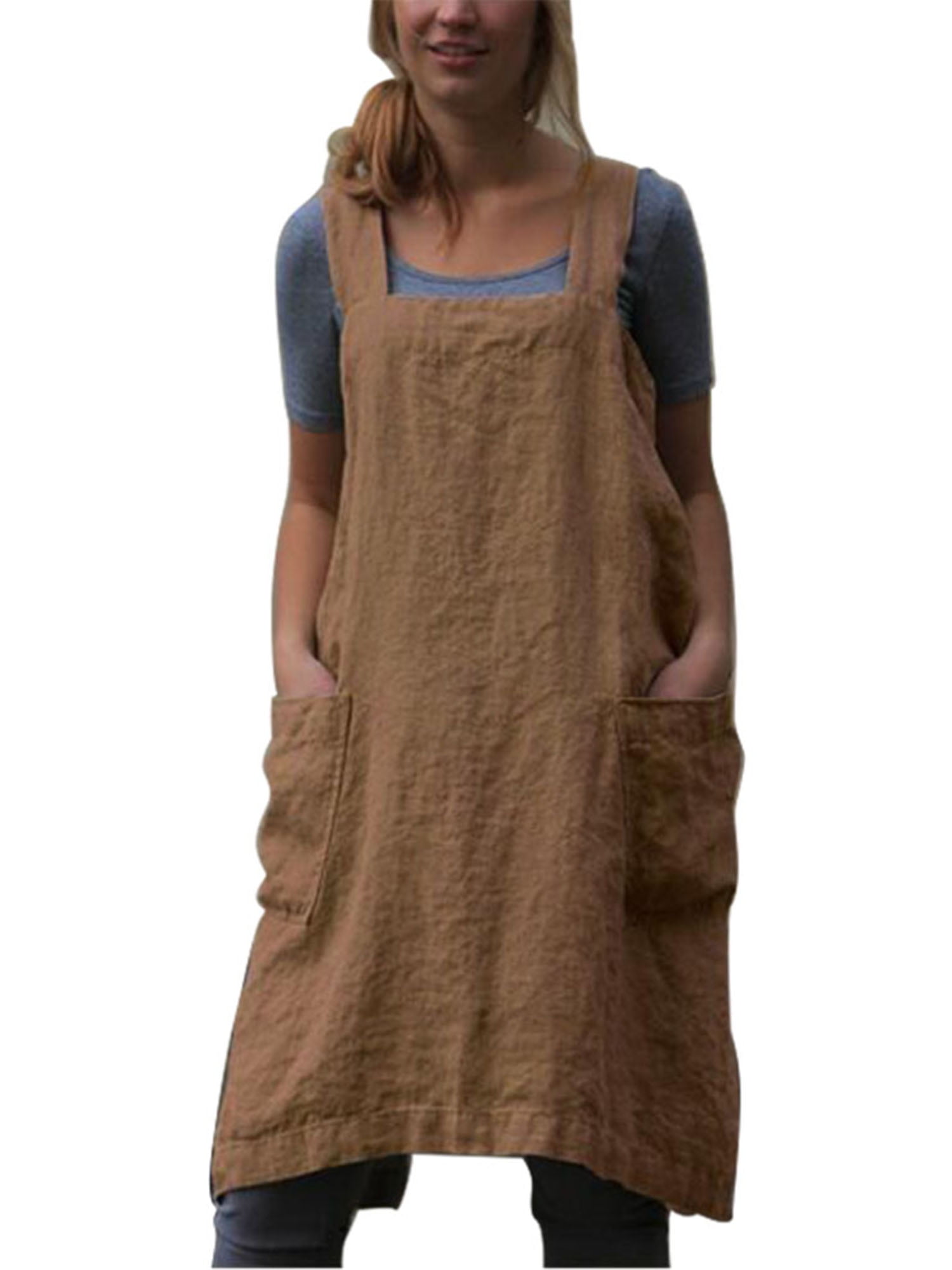 Women’s Pinafore Square Apron Baking Cooking Gardening Works Cross Back Cotton/Linen Blend Dress with 2 Pockets