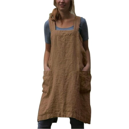 

Pudcoco Adjustable Apron Cotton Linen Solid Color Protective Cooking Apron with Two Patch Pockets