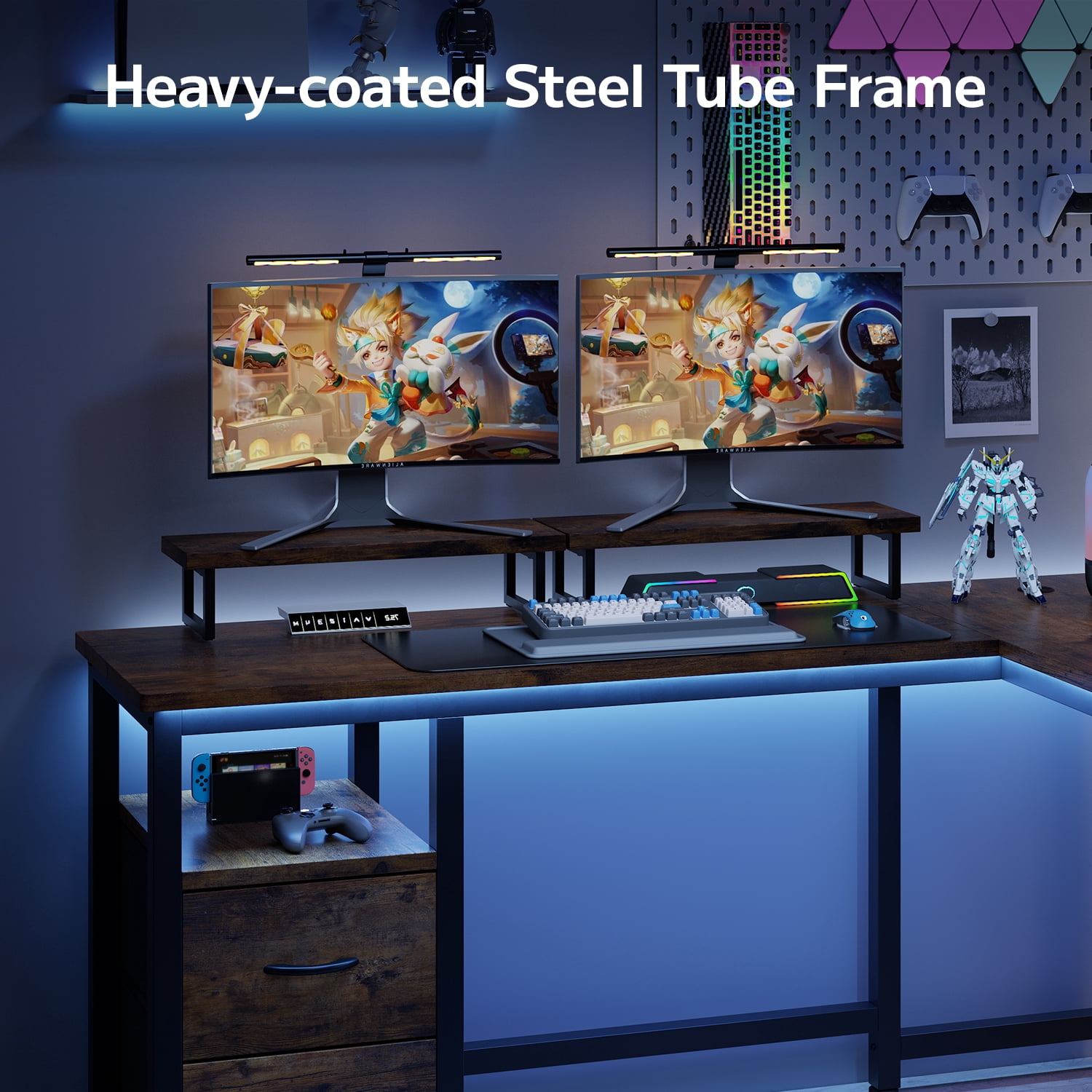 Asofer L-shaped Computer Desk, 66-inch Spacious Desk, Gaming Desk with Monitor Stands, Suitable for Study and Living Room, Black
