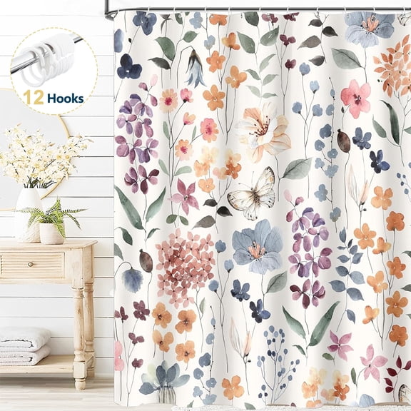 Dznils Floral Shower Curtain with Hooks, Modern Watercolor Butterfly Fabric Bathroom Curtain, Blue, 72" x 72"