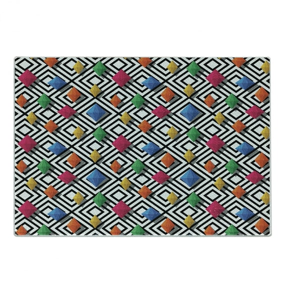 Geometric Cutting Board, Lively Colored and 3D Styled Diamond Gemstone on Black and White Backdrop, Decorative Tempered Glass Cutting and Serving Board, Small Size, Multicolor, by Ambesonne