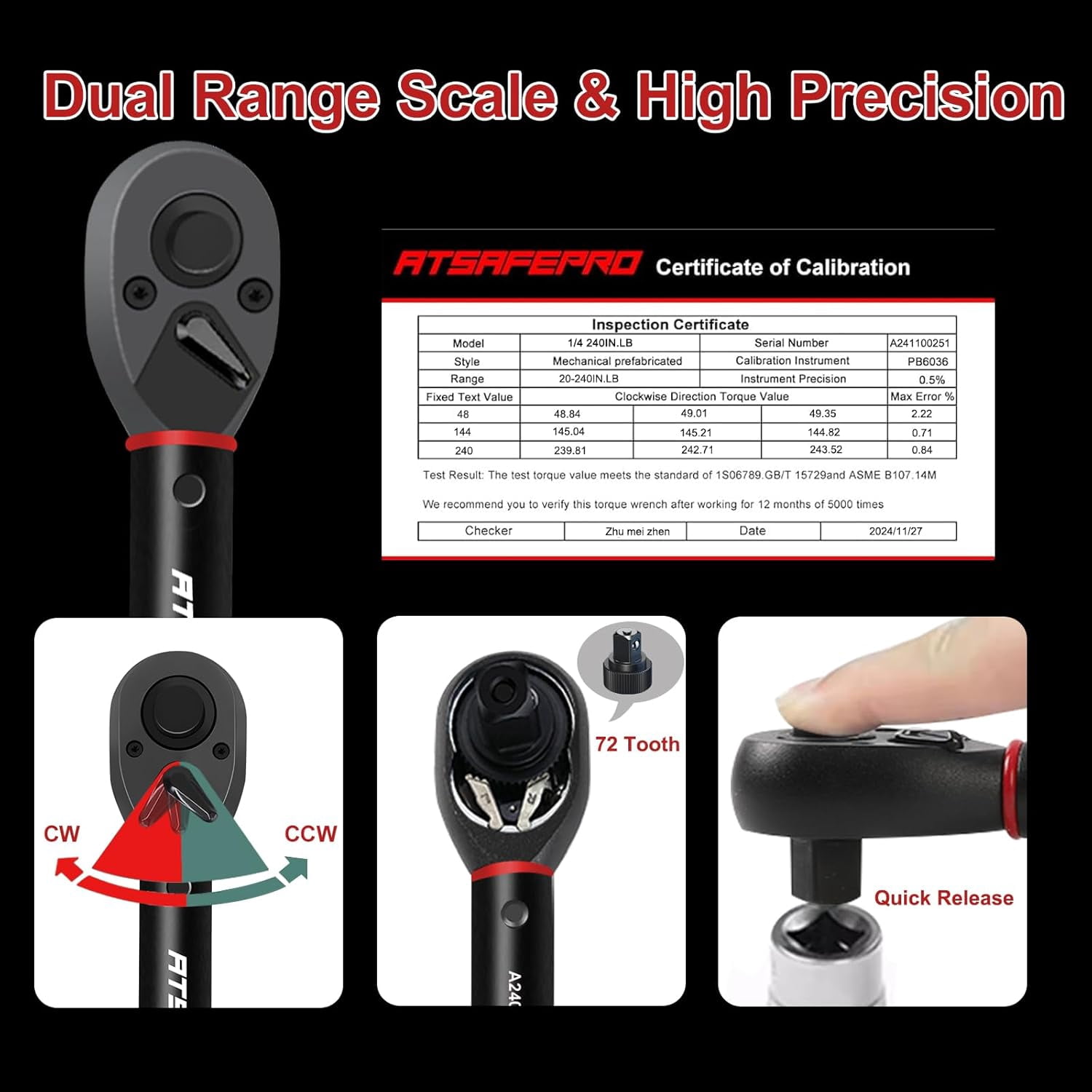 1/4" Torque Wrench (20-240 in-lb / 2.3-27.1 Nm) -Dual Scale, 72-Tooth Ratchet, ±3% Pre-Calibrated Accuracy, Suitable for Bike & Bicycle Maintenance