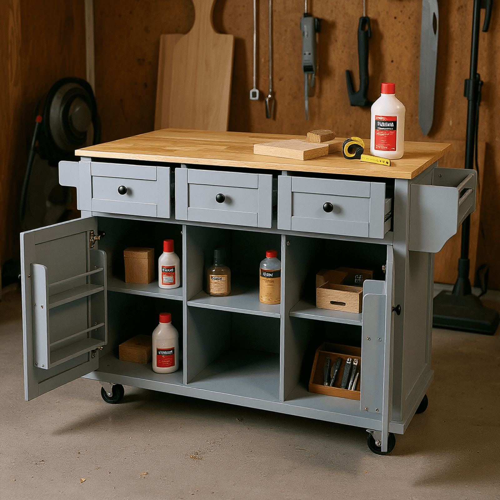 Homy Casa Rolling Garage Storage Cabinet with Drop-Leaf Worktop, Adjustable Shelves, Blue
