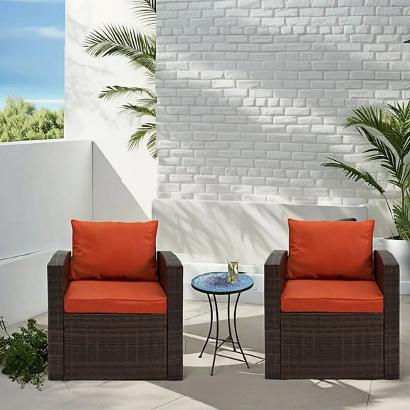 Rattania 2 Piece Dark Brown Wicker Outdoor Chairs with Orange Cushions (2-Pack)