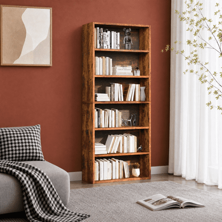 Roomisland 6 Tier Bookshelf Modern Tall Open Display Bookcase with Reinforced Back & Anti-Tip Kit Heavy Duty Wood Book Shelves for Home Office Living Room