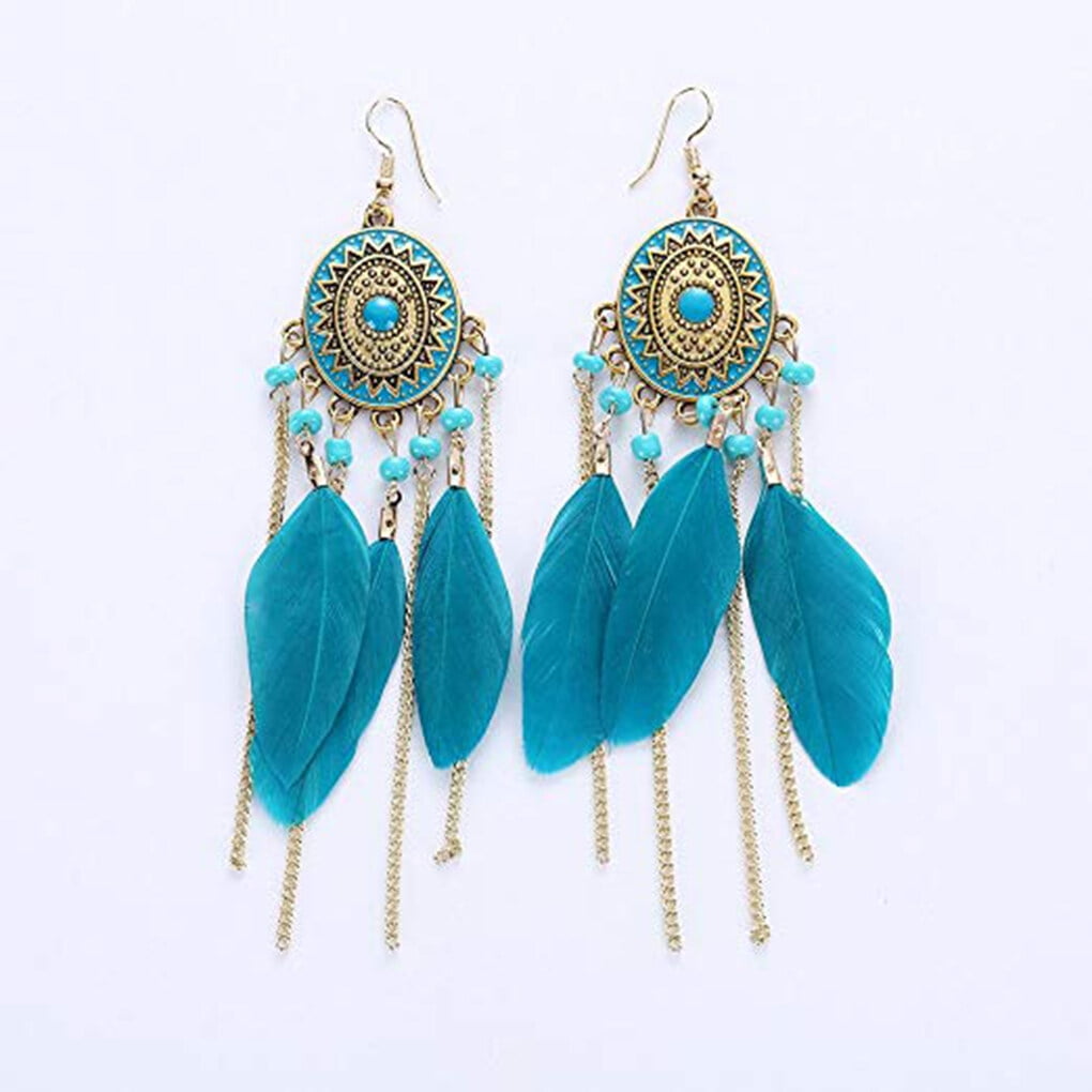 Women Girls Round Disc Chains Frinded Feather earrings metal chain Earrings Bohemia Dangle Eardrop Drop Pendant Ear Accessories