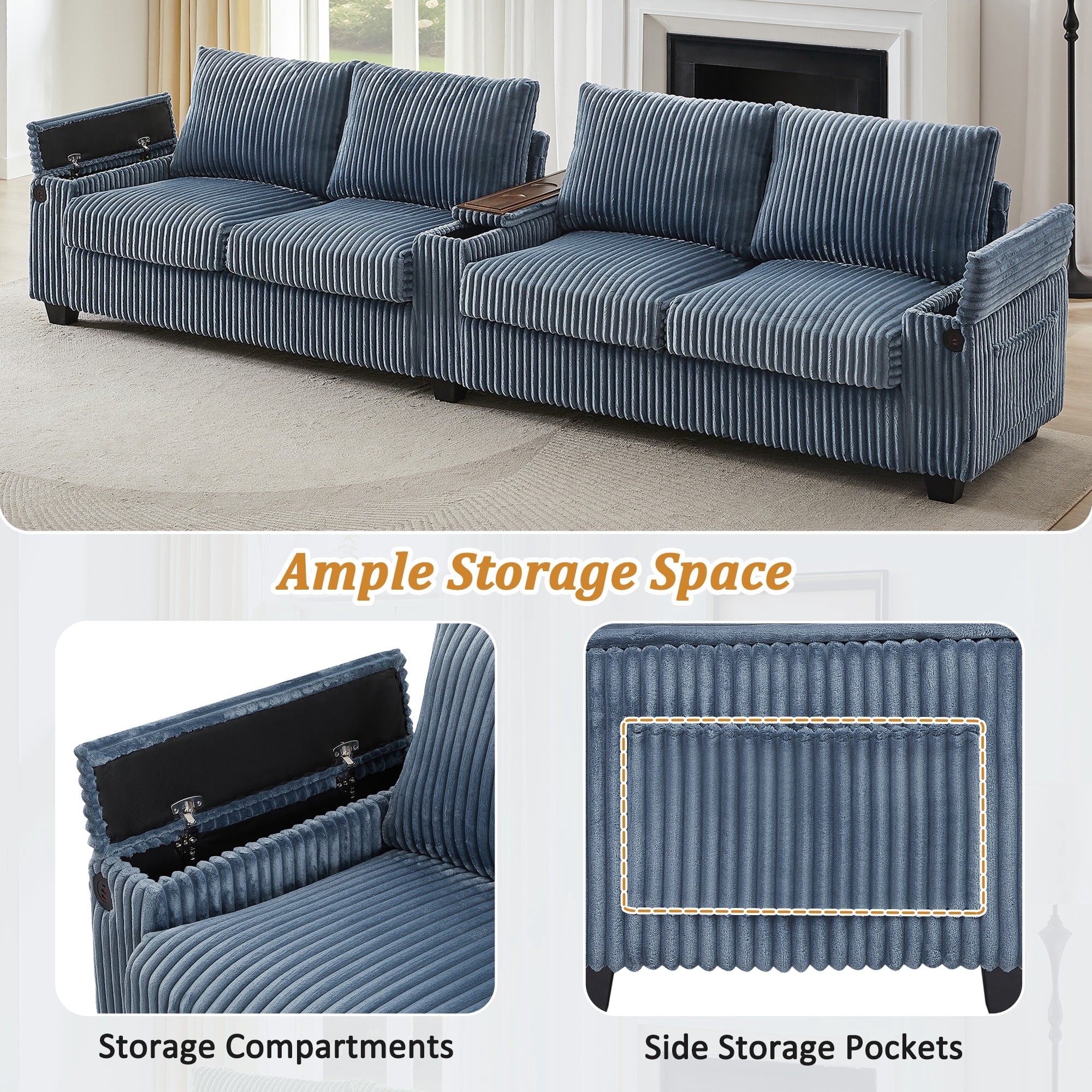 133" Modern Sofa,4-seater Corduroy Sofa Couch with USB Ports,Hidden Storage Arms, Flip-Top Cup Holders for Living Room,Blue