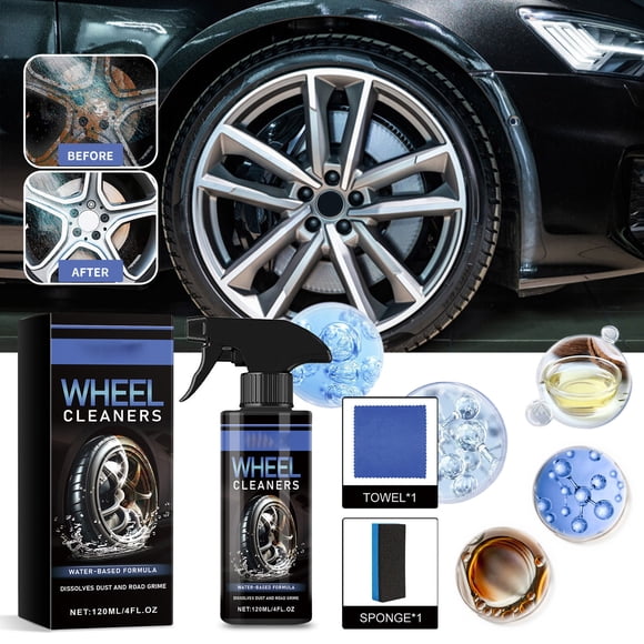 Car Wheel Cleaner 120ml | Heavy-Duty Brake Dust Remover Spray for Alloy, Chrome, Coated Wheels | pH-Balanced Formula | No Scrubbing Needed | Includes Sponge & Cloth | Professional Shine & Spotless