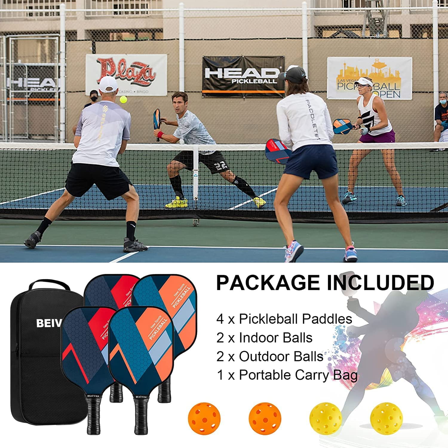 BEIVES Fiberglass Pickleball Paddle Set - 4-Player Kit w/ 4 Balls & Carry Bag - Lightweight Indoor/Outdoor
