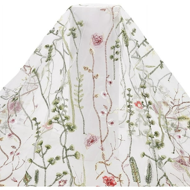 Tela de tul de malla floral de 2 yardas (130 cm) y 51,18 pulgadas (130 cm) de ancho, de encaje blanco floral colorido, de poliéster con bordado de malla.