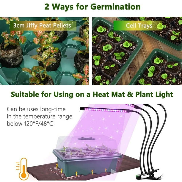 Boîte de plateau de démarrage de graines avec 2 lampes de culture LED,  ensemble de 2 pots de pépinière, Ventilation réglable, humidité 12 cellules