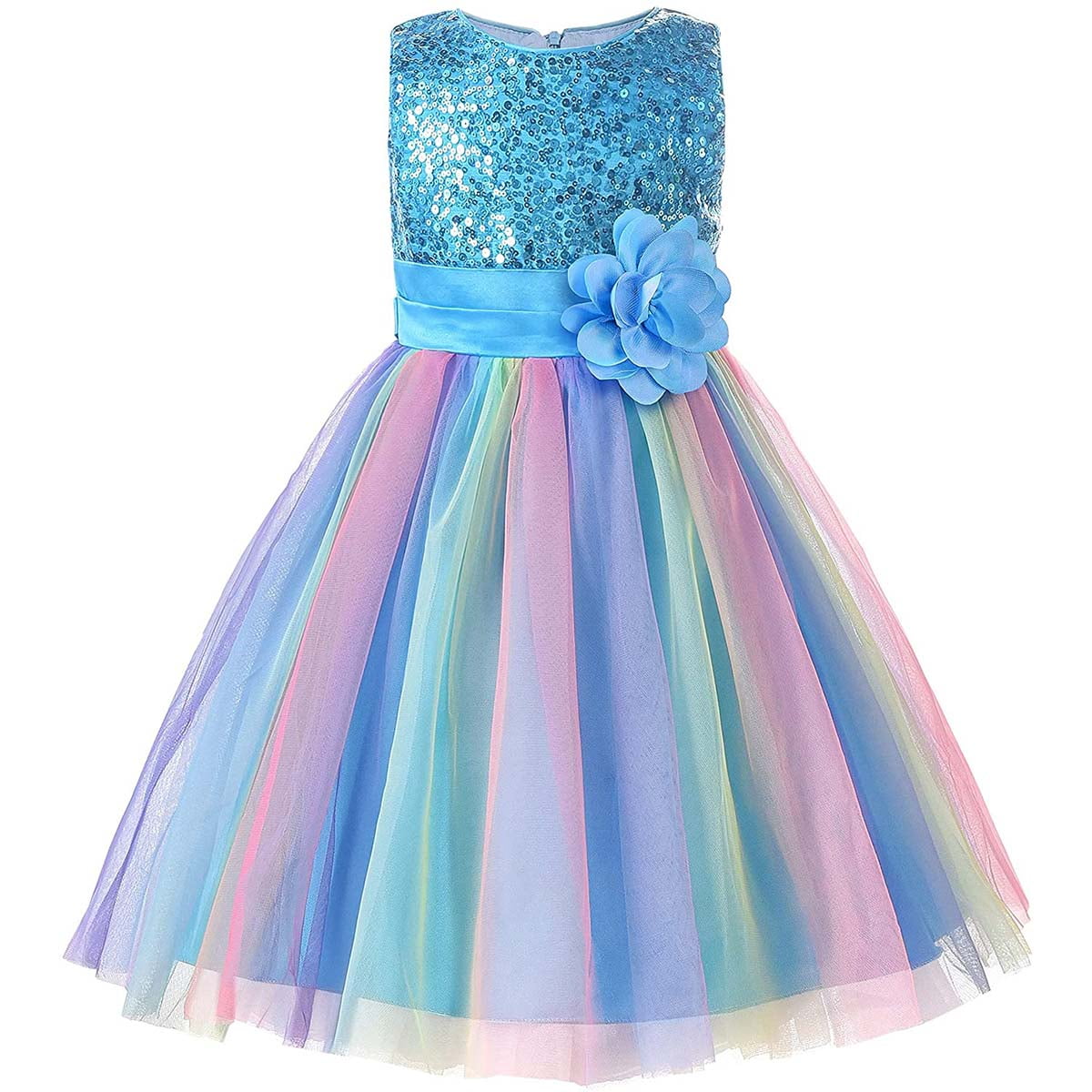 KAWELL Flower Girls Sequence Sequin Rainbow Tulle Wedding Party Dress ...