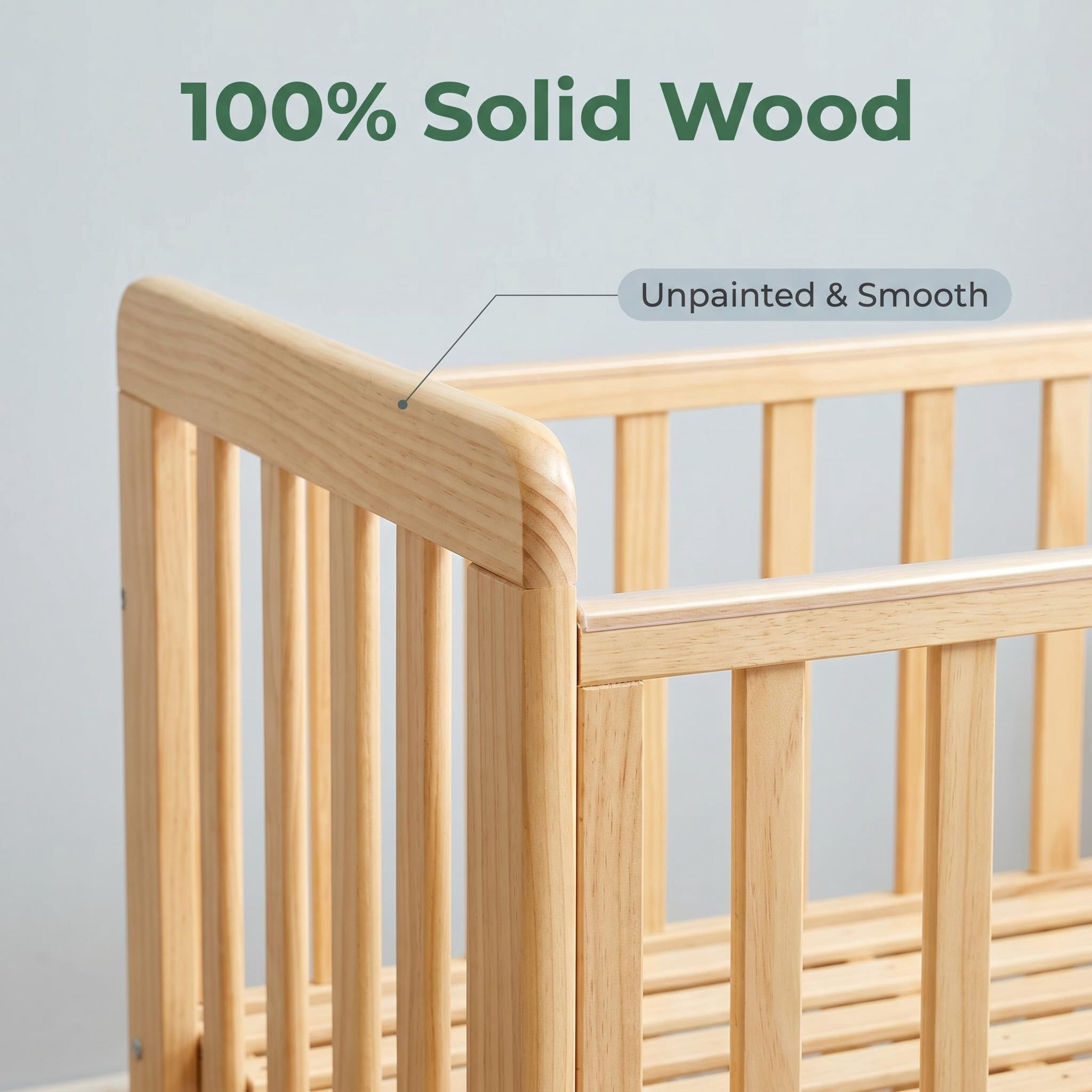5-in-1 Convertible Baby Crib, Solid New Zealand Pine Wood, 2-Position Adjustable Mattress Base, Under-Crib Storage, Anti-Chew Guard Strips for Nursery