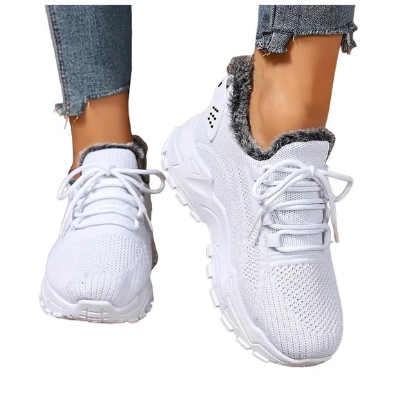 Women's Fleece Lined Slip On Sneakers Lace Up Breathable Winter Shoes Lightweight Casual Non Slip Running Shoes White Size 9.5