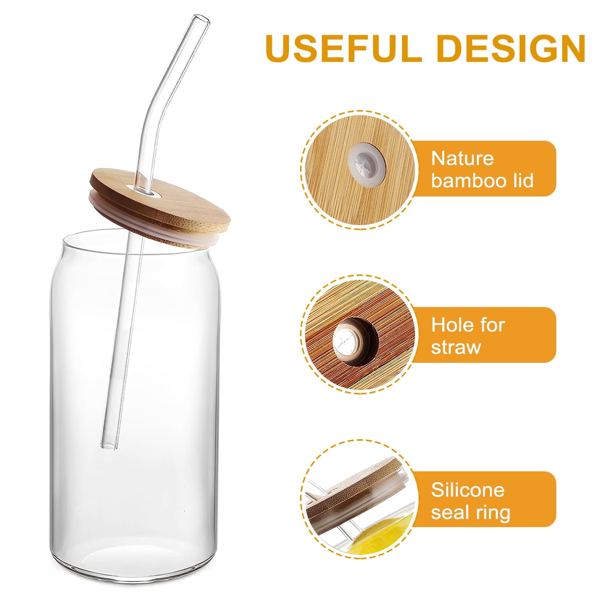 16 OZ Can Shaped Glass Cups, 4 PCS Drinking Glasses with Bamboo Lids and Glass Straw for Beer, Iced Coffee Drinking Glasses, Cute Tumbler Cup for Smoothie, Boba Tea, Whiskey, Water, 1 Set