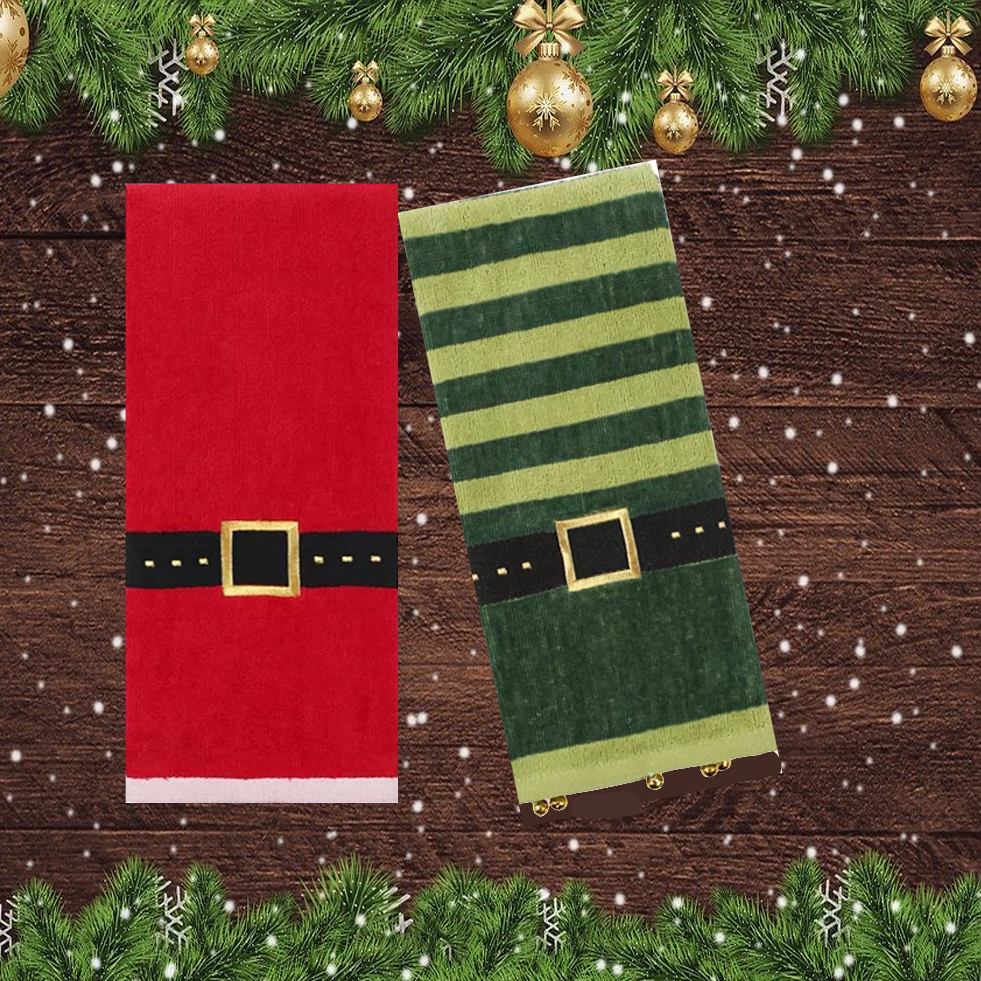 St. Nicholas Square Christmas Bath Hand Towels, Santa Elf Belt Buckle, 2 Piece