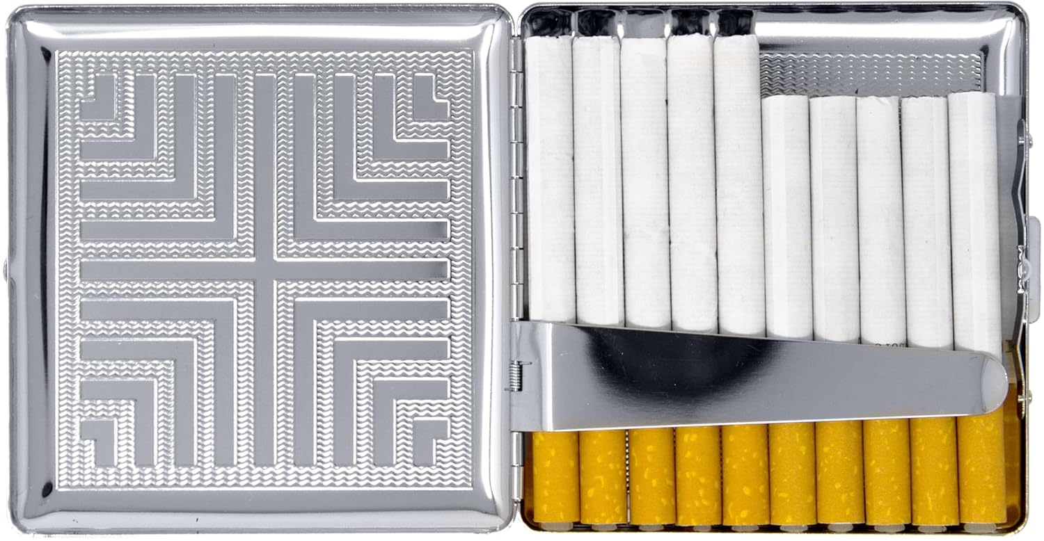 Set of 2 Compact Metal-Plated King Size Cigarette Case & Stash Box (Silver Cross Pattern)