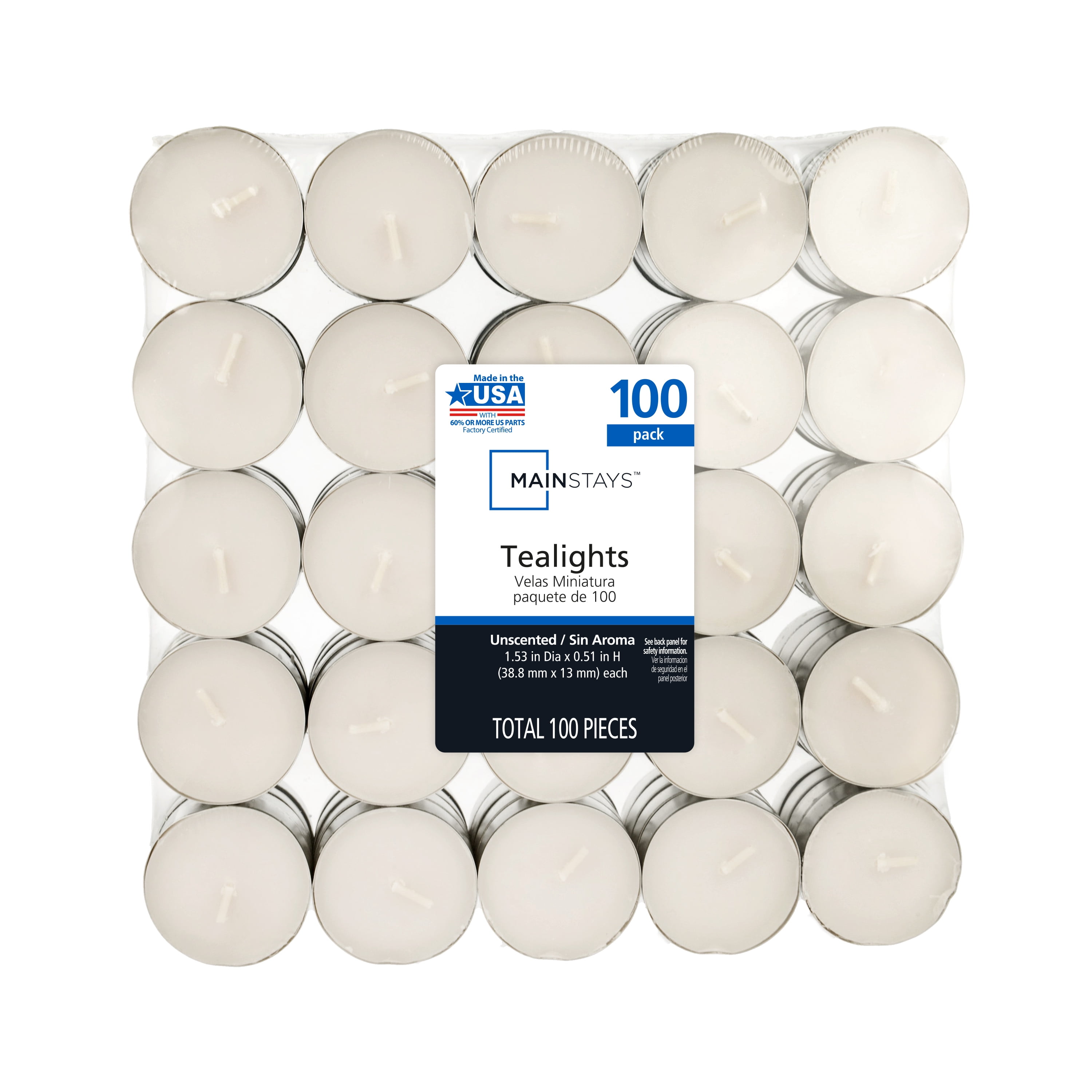 100 Pack Unscented Mainstays Tealights