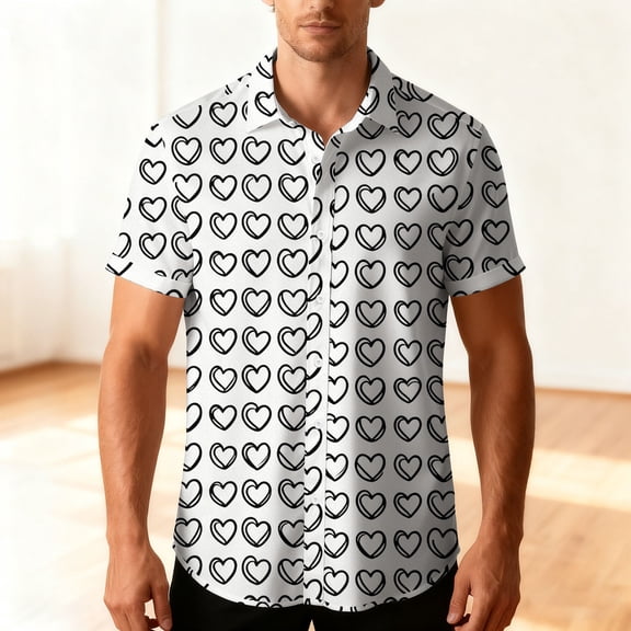 Men's Heart Graphic Shirt Short Sleeve Valentine Button Down Collar T-Shirt White XL