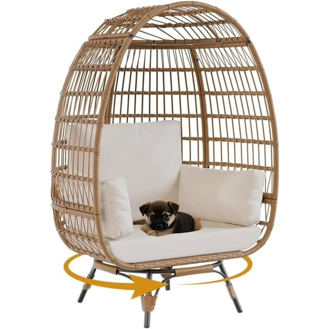 Oversized 360° Swivel Rattan Egg Chair w/ Beige Cushion – Weatherproof PE Wicker, Steel Frame – for Patio, Garden & Indoor Use