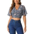 thumbnail image 1 of INSPIRAR CHIC Blusas Cortas de Manga Corta con Cuello en V de Verano con Estampado Floral M Gris Azul, 1 of 6