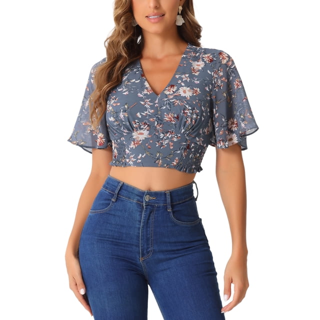INSPIRAR CHIC Blusas Cortas de Manga Corta con Cuello en V de Verano con Estampado Floral M Gris Azul