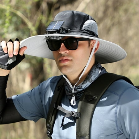 Eosunjian Men Outdoor Hat with Detachable Solar Fan Large Brim Windproof Strap USB Charging Anti UV Sunlight Hollow Mesh Great Breathability Fishing Camping Travel Cap Light Grey