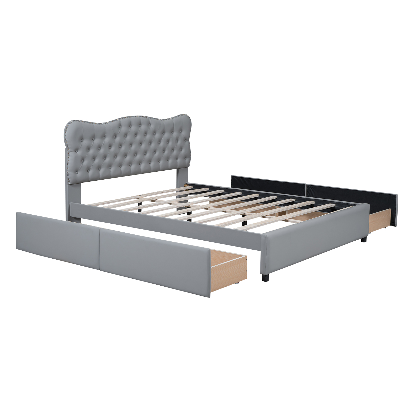 Euroco Upholstered Queen Bed with 4 Drawers, PU Leather Platform Bed with Headboard, White