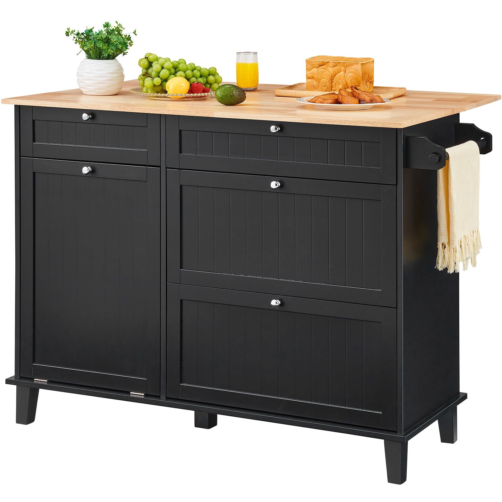 Kitchen Island Cart on Wheels with Storage Cabinet, 2 Drawers, Built-in Trash Bin Cabinet, Wood Countertop, Butcher Block Serving Cart, Mobile Workstation with Shelves