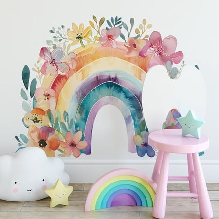 Large Rainbow Wall Decals Peel and Stick Watercolor Wall Art | Easy Removable Vinyl Wall Stickers for Girls Boys Kids Living Room Nursery Playroom Bedroom