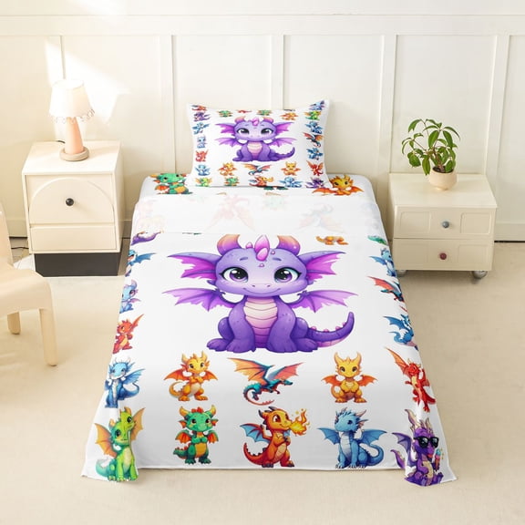 Feelyou Cute Kawaii Flying Dragon Twin Sheet Sets for Kids Boys Girls, Cartoon Wildlife Bedding, White Purple, 3 Pieces