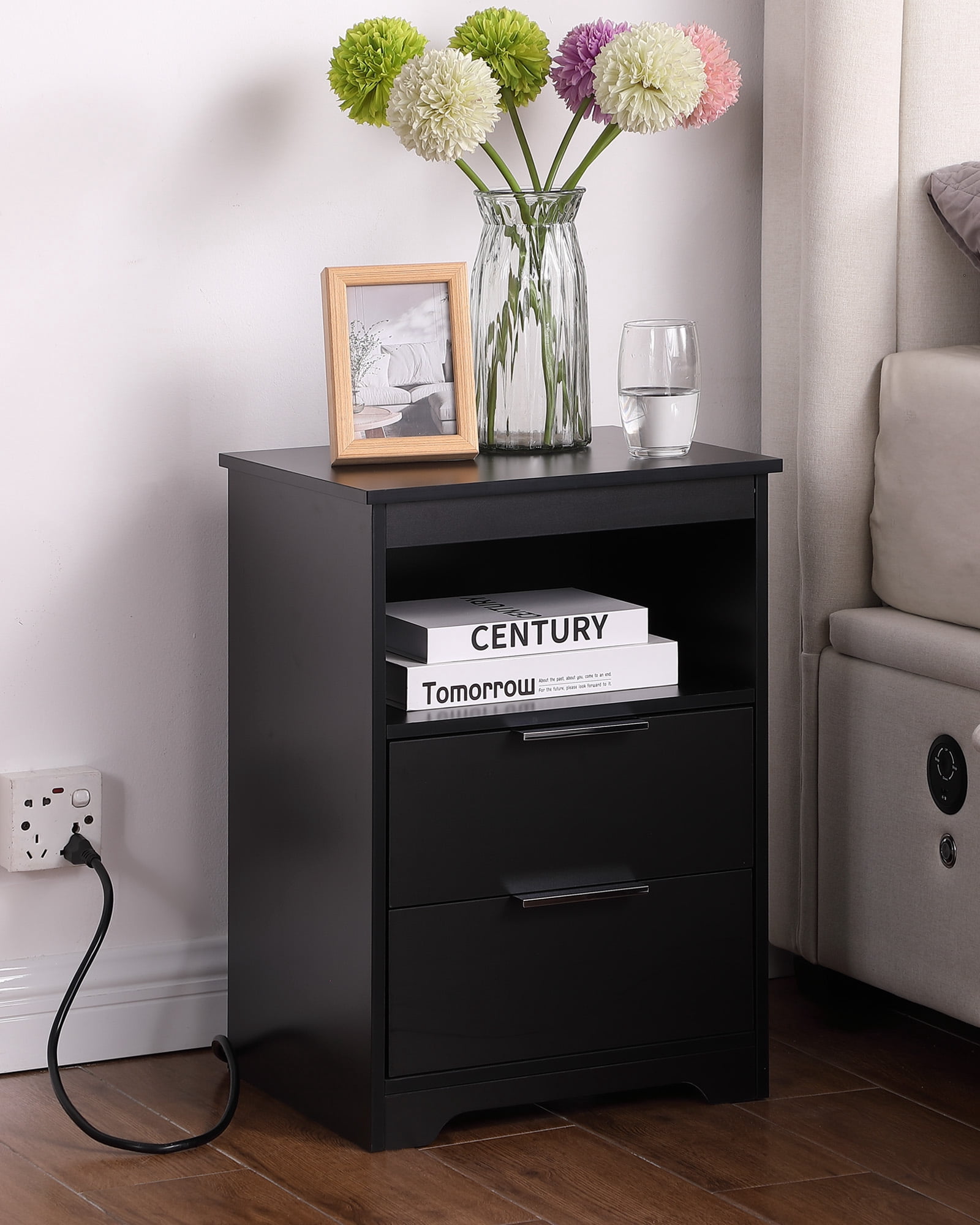 Nightstand with Charging Station,End Table with 2 Drawers,Wooden End Table with Drawer and Opening Shelf,Side Table for Bedroom, Black