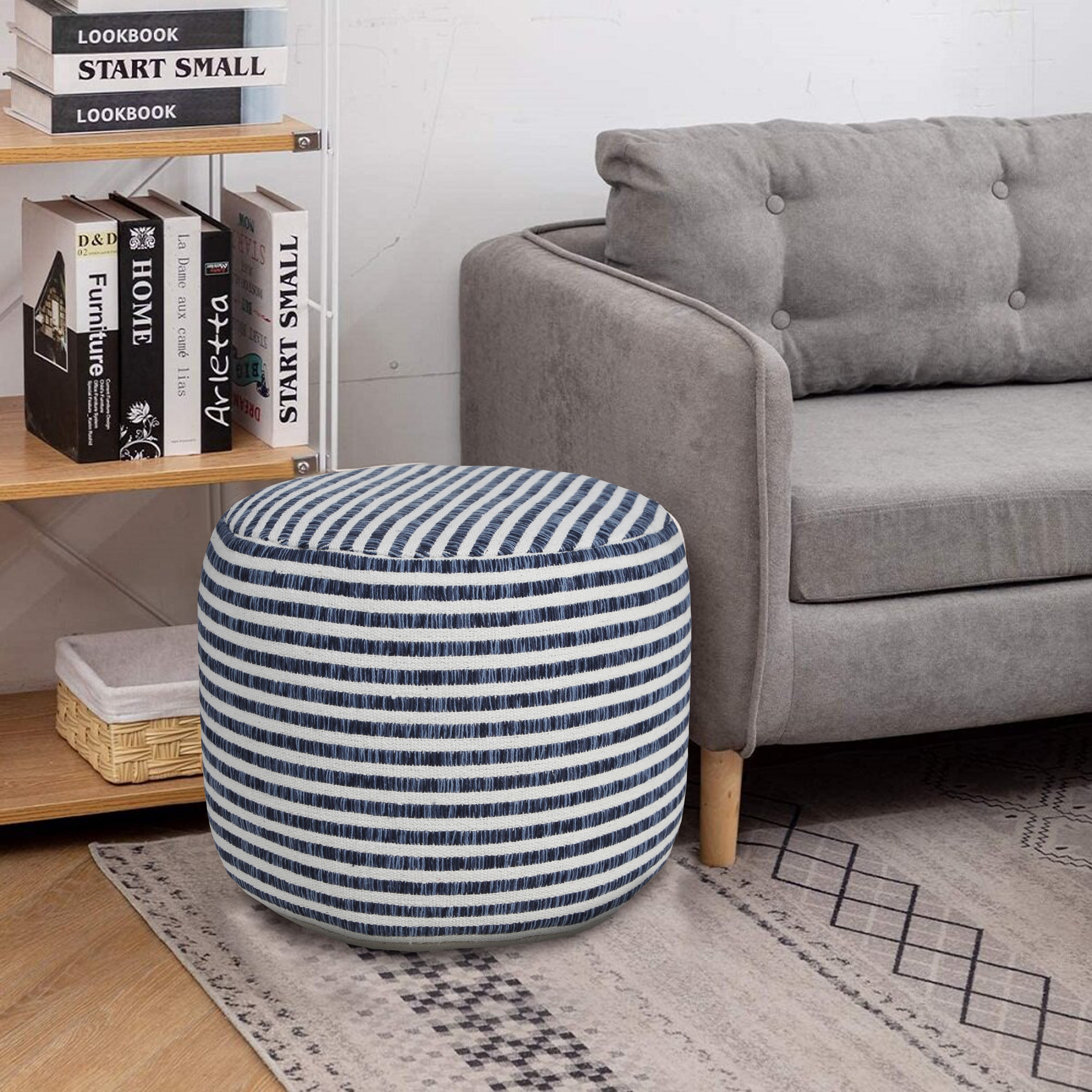 LR Home Oakley Round Blue/White Striped Indoor Small Pouf Ottoman, 14" H x 18" W