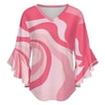 thumbnail image 5 of Pink Abstract Wavy Design Women's V-Neck Blouse With 3/4 Ruffled Bell Sleeves Casual Top Ladies Blouses, 5 of 7