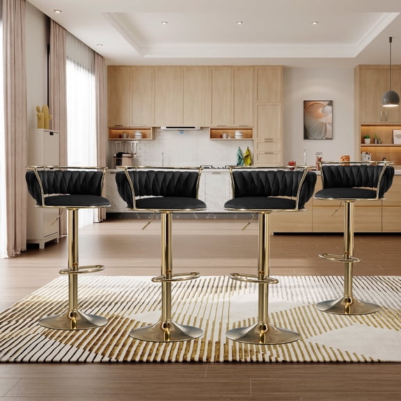 DREAMSIDEA Swivel Bar Stools Set of 4 Modern Velvet Upholstered High Back Adjustable Bar Chairs with Golden Footrest for Kitchen Counter Square Island, Black