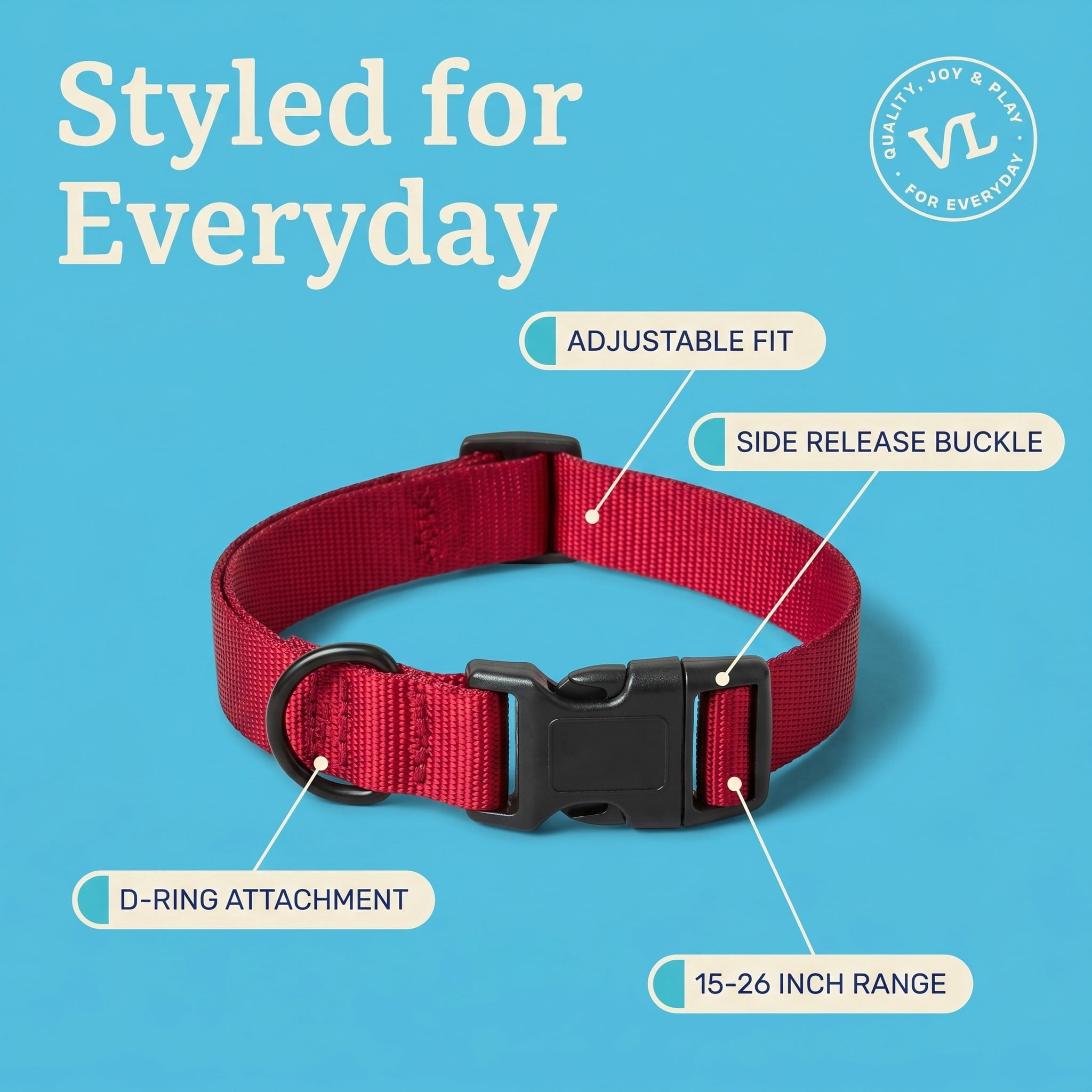 Vibrant Life Solid Polyester Adjustable Dog Collar, Red, L